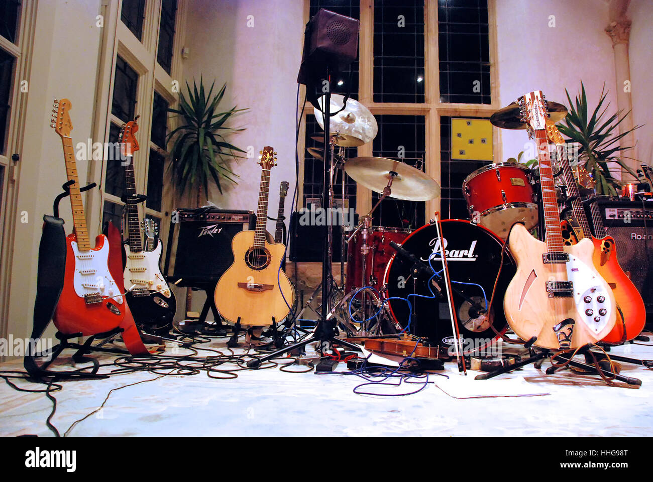 Folk-Rock Band instruments on stage Stock Photo - Alamy