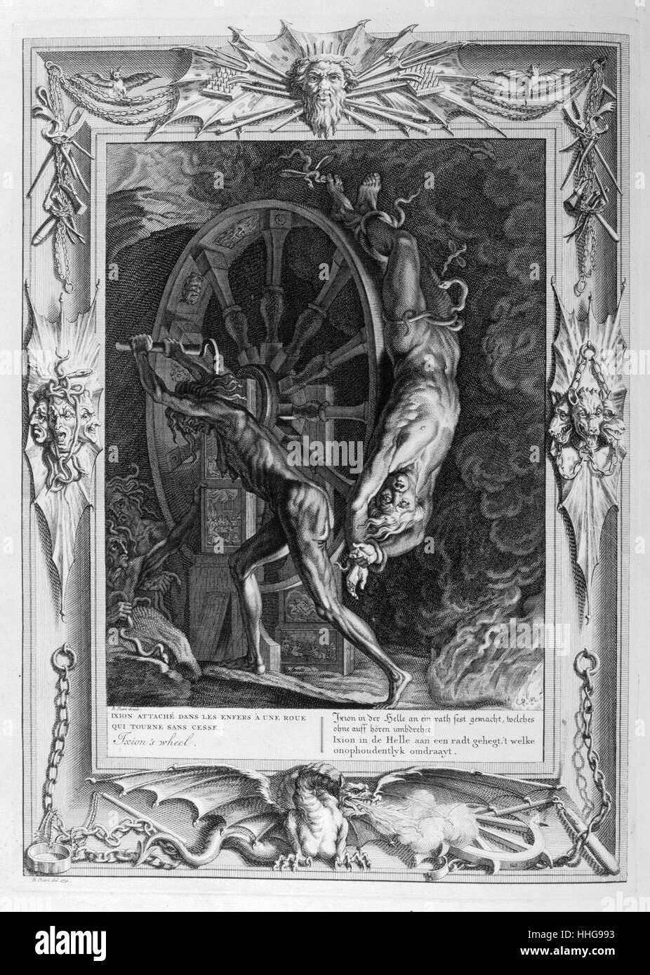 Ixion was expelled from Olympus and blasted with a thunderbolt. Zeus ordered Hermes to bind Ixion to a winged fiery wheel that was always spinning. Plate from Les Images Ou Tableaux De Platte Peinture Des Deux Philostrates Sophistes Grecs, by Blaise de Vigenère, Paris, 1615. Engraving circa 1615, by Leonard Gaultier. Gaultier, or Galter, was a French engraver, born at Mainz about 1561, and died in Paris in 1641. In Greek mythology, Ixion was king of the Lapiths, the most ancient tribe of Thessaly, and a son of Ares, or Leonteus, or Antion and Perimele, or the notorious evildoer Phlegyas Stock Photo