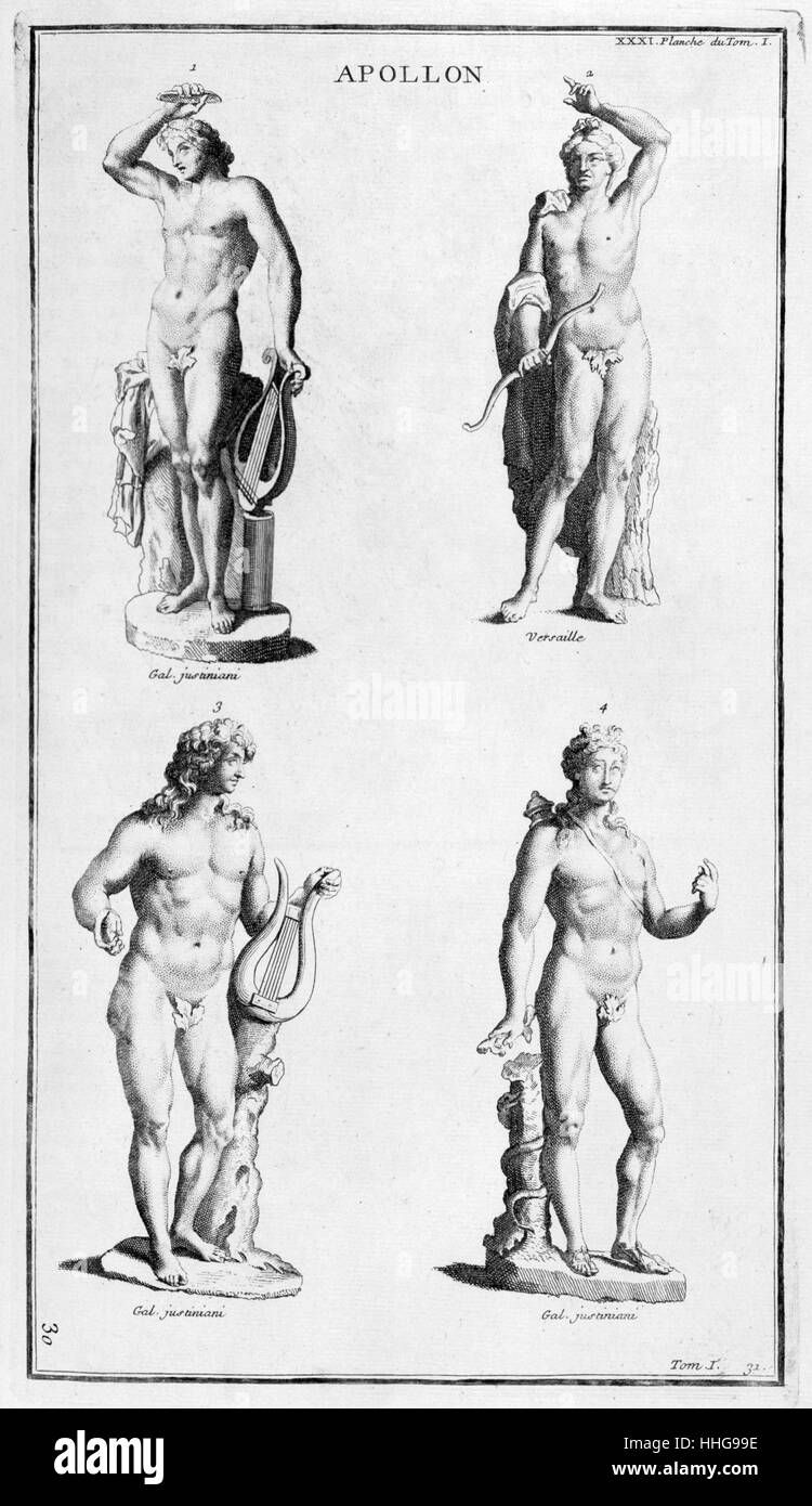 Representations of Apollo the ancient Greek god. Illustration from supplement to 'L'antiquité expliquée et representée en figures'; (vols. 1-15, Paris, 1719-1724) by Dom Bernard de Montfaucon, (1655 – 1741), a French Benedictine monk. He was an astute scholar who founded the discipline of palaeography, He is regarded as one of the founders of modern archaeology. Stock Photo