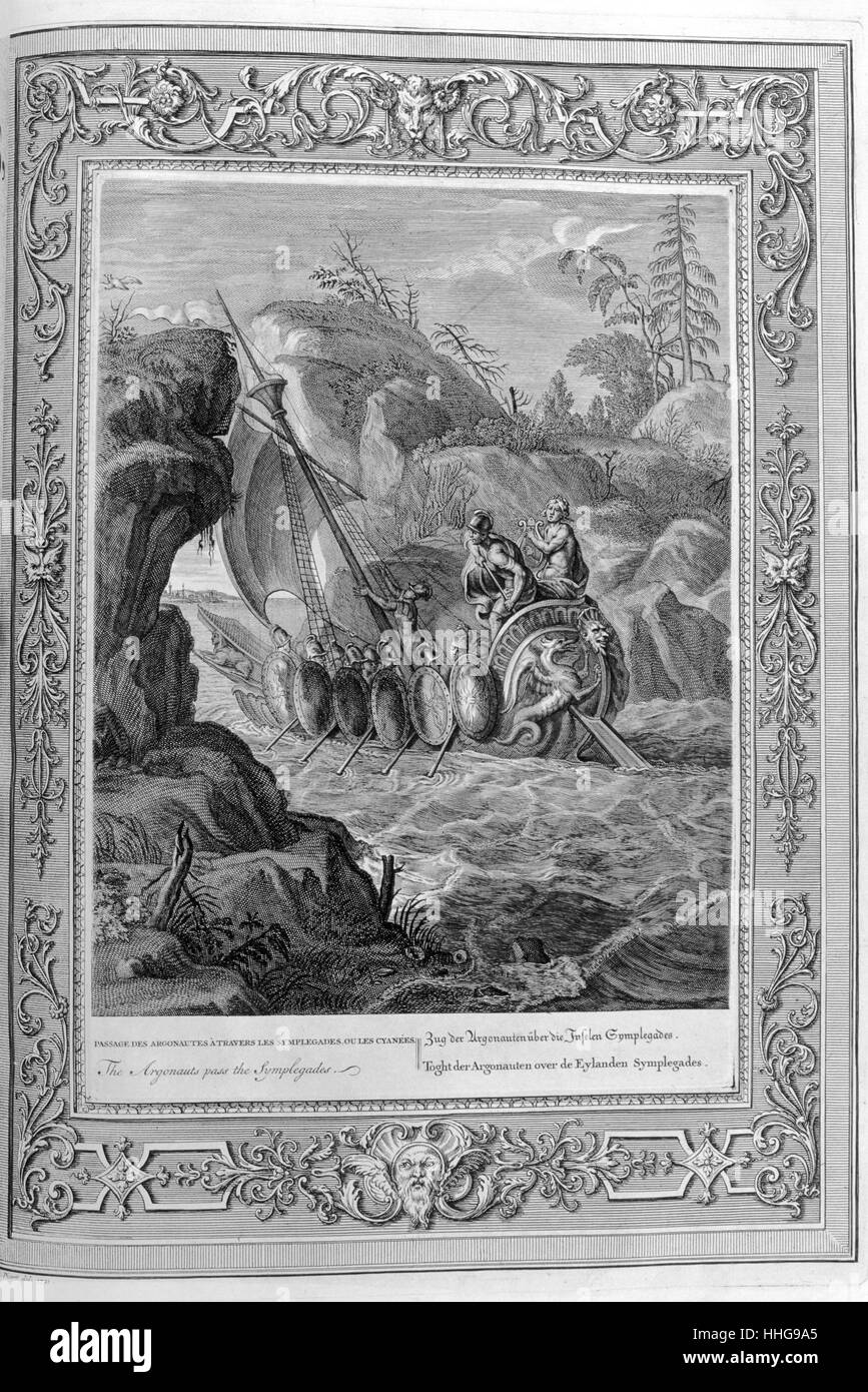 In Greek mythology, Argo was the ship on which Jason and the Argonauts sailed from Iolcos to Colchis to retrieve the Golden Fleece. Engraving depicting Jason and the Argonuats. Engraved illustration from 'The Temple of the Muses', 1733. This book represented remarkable events of antiquity drawn and engraved by Bernard Picart (1673-1733). Stock Photo