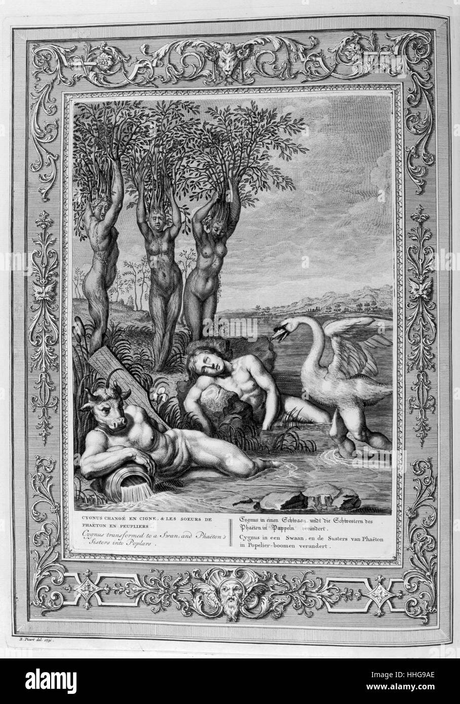 Cygnus changed into a swan. Engraved illustration from 'The Temple of the Muses', 1733. This book represented remarkable events of antiquity drawn and engraved by Bernard Picart (1673-1733). Eustathius of Thessalonica informs that Ares changed Cygnus into a swan rather than let him die by the hand of Heracles Stock Photo