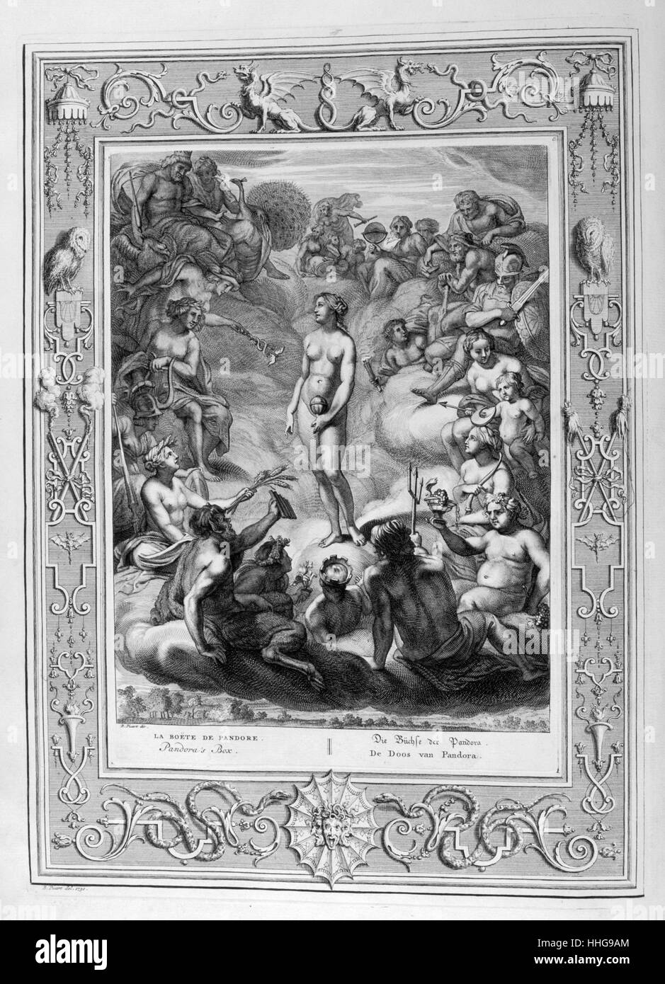Prometheus devoured by the eagle. Engraved illustration from 'The Temple of the Muses', 1733. This book represented remarkable events of antiquity drawn and engraved by Bernard Picart (1673-1733). In Greek mythology, Prometheus was the deity who was the creator of mankind and its greatest benefactor, who stole fire from Mount Olympus and gave it to mankind. Prometheus, in eternal punishment, is chained to a rock in the Caucasus, Kazbek Mountain or Mountain of Khvamli, where his liver is eaten daily by an eagle Stock Photo