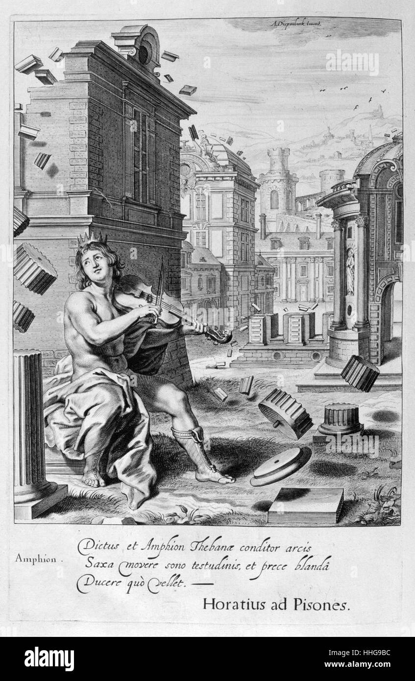 Greek mythology: Amphion. Engraving depicting Jason and the Argonuats from 'Tableaux du temple des muses' (1655) by Michel de Marolles (1600 - 1681), known as the abbé de Marolles; a French churchman and translator. Amphion, son of Zeus and Antiope, and twin brother of Zethus. Together they are famous for building Thebes. Stock Photo