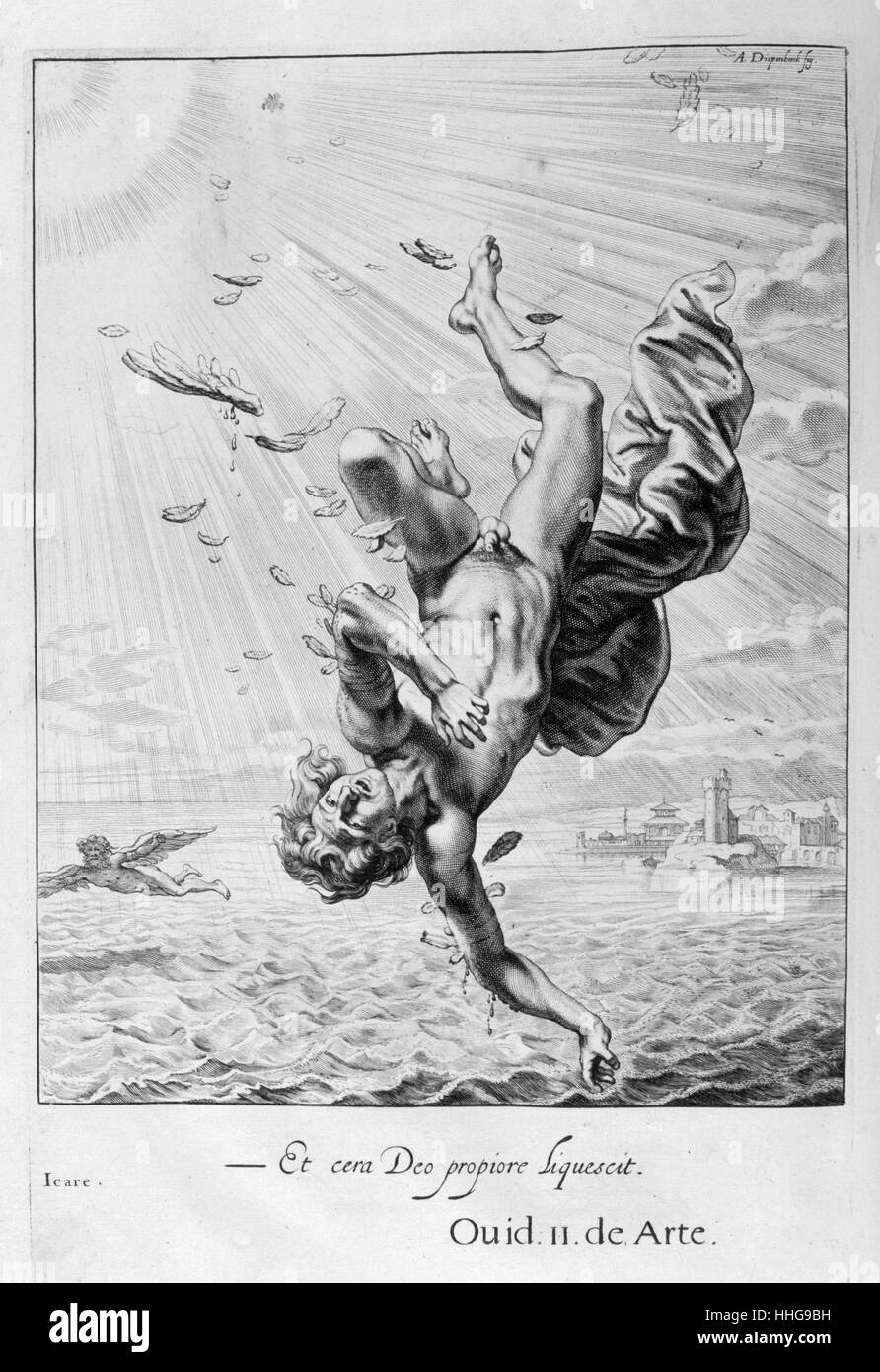 Death of Icarus. Engraving from 'Tableaux du temple des muses' (1655) by Michel de Marolles Stock Photo