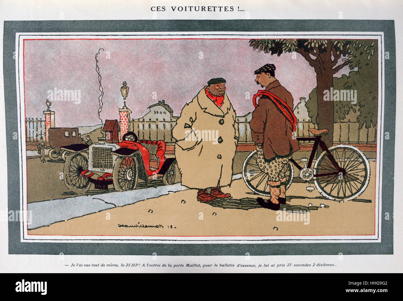 Ces voiturettes!', French motoring cartoon', 1913; by Jean Villemot, (1880 - 1958), French illustrator. The cartoon compares the speed of a bicycle with that of a motor car. Stock Photo