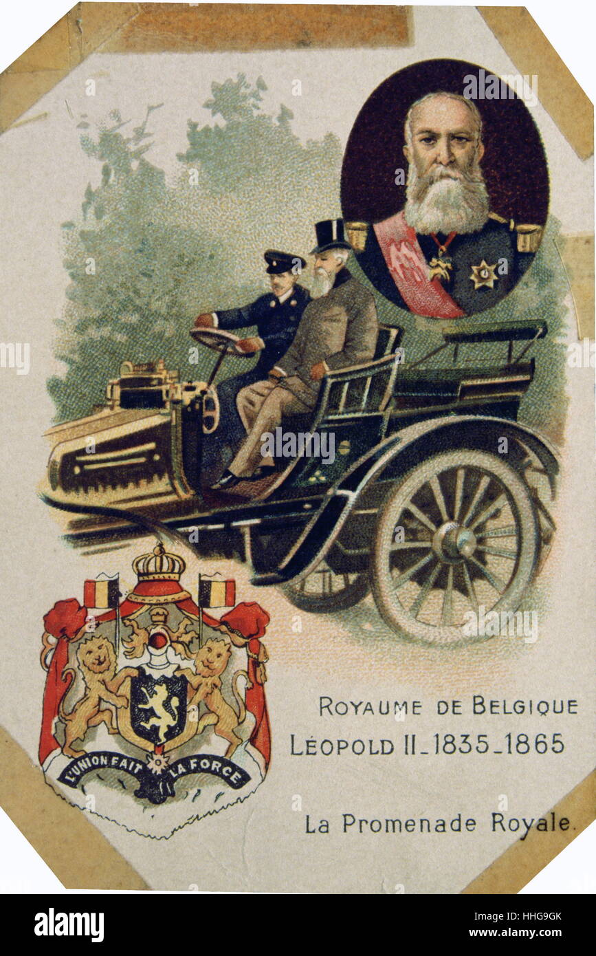 King Leopold II of Belgium in a motorcar. 1895. Leopold II (9 April 1835 – 17 December 1909) was the second King of the Belgians, known for the founding and exploitation of the Congo Free State as a private venture. Born in Brussels as the second (but eldest surviving) son of Leopold I and Louise of Orléans, he succeeded his father to the throne on 17 December 1865, reigning for exactly 44 years until his death. This was the longest reign of any Belgian monarch. Stock Photo