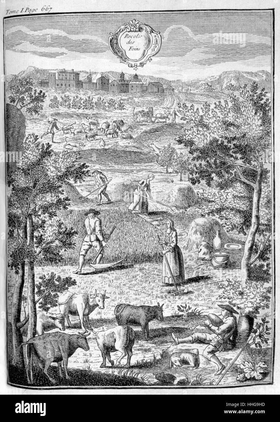 Farming and ciltivation scene, from the 1775 edition of 'Oeconomie générale de la campagne, ou Nouvelle maison rustique', Paris, 1700. By Louis Liger (1658–1717), French agronomist and prolific writer on flora and fauna. This was a guide to horticulture for country dwellers Stock Photo