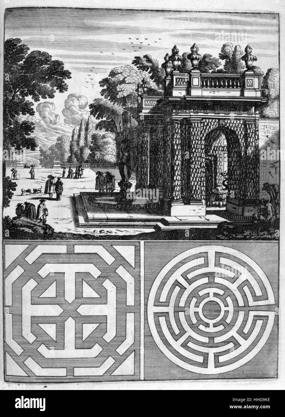 Country house with plan for a formal garden. for Illustration from the 17th century architecture book 'Architectura Curiosa Nova' 1664, by Georgium Bocklern Stock Photo
