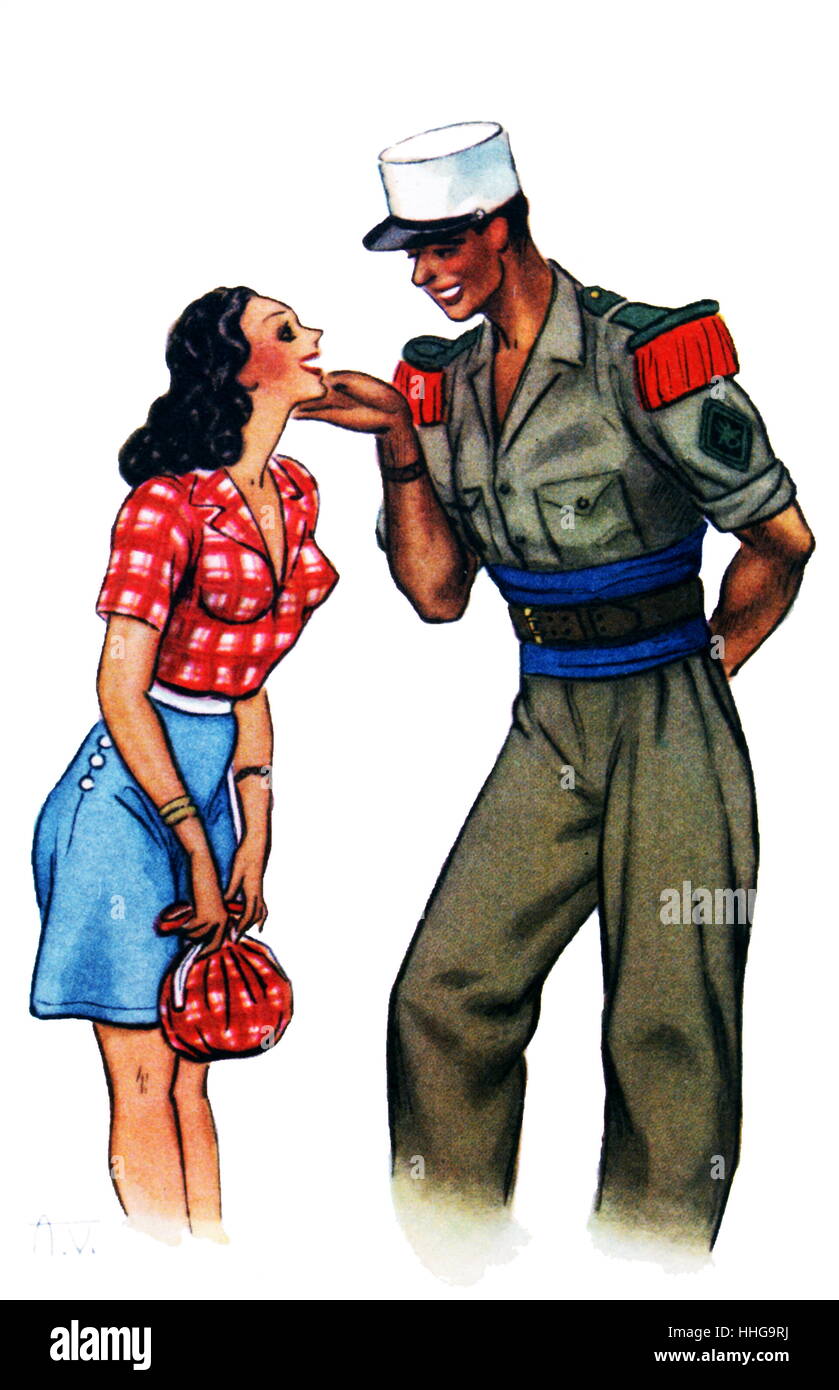 French Foreign Legion Troop with girlfriend (postcard) circa 1950 Stock Photo