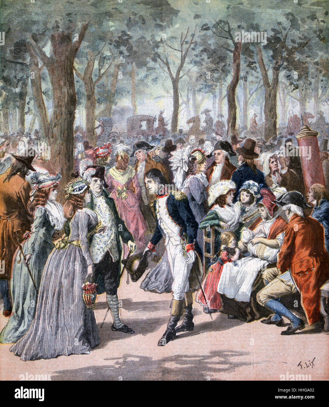 18th century French fashions remembered. A fashionable scene in the park with men and women greeting each other. 1894 illustration Stock Photo