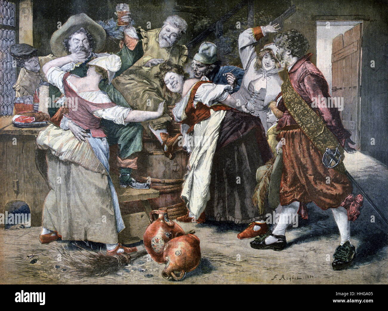 18th century French bar scene as revellers celebrate at an inn. 1894 illustration Stock Photo