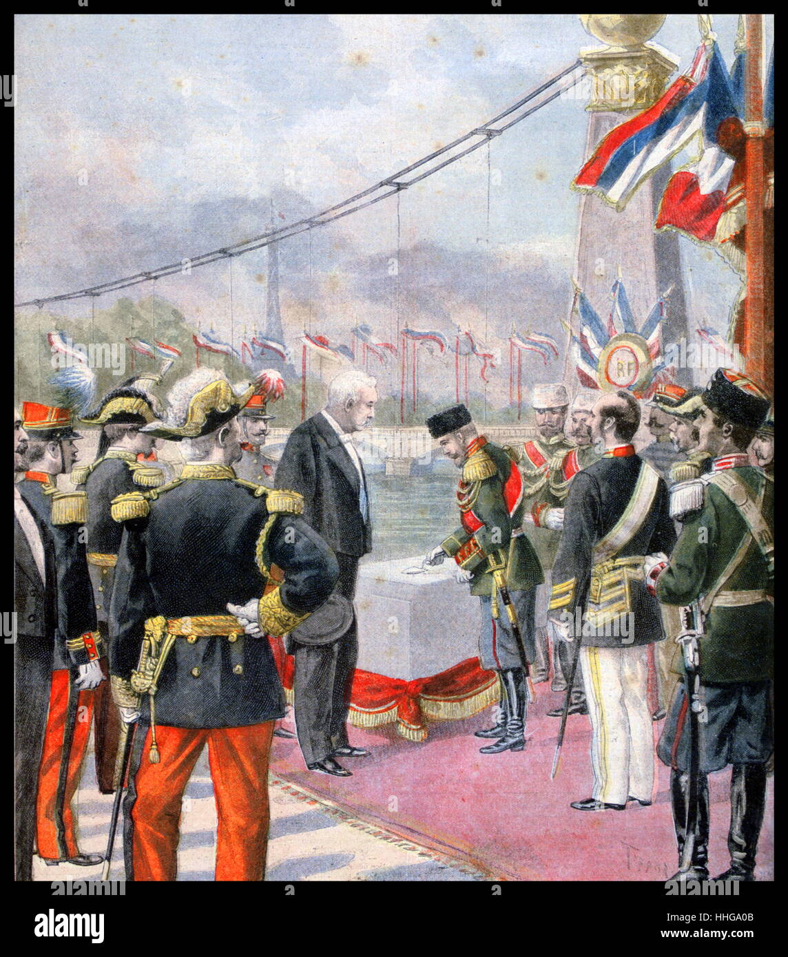 Franco-Russian Alliance. Tsar Nicholas II, accompanied by President Faure, laying the first stone of the Alexander III bridge, Paris, named after his father. From 'Le Petit Journal', Paris, 18 October 1896. Stock Photo