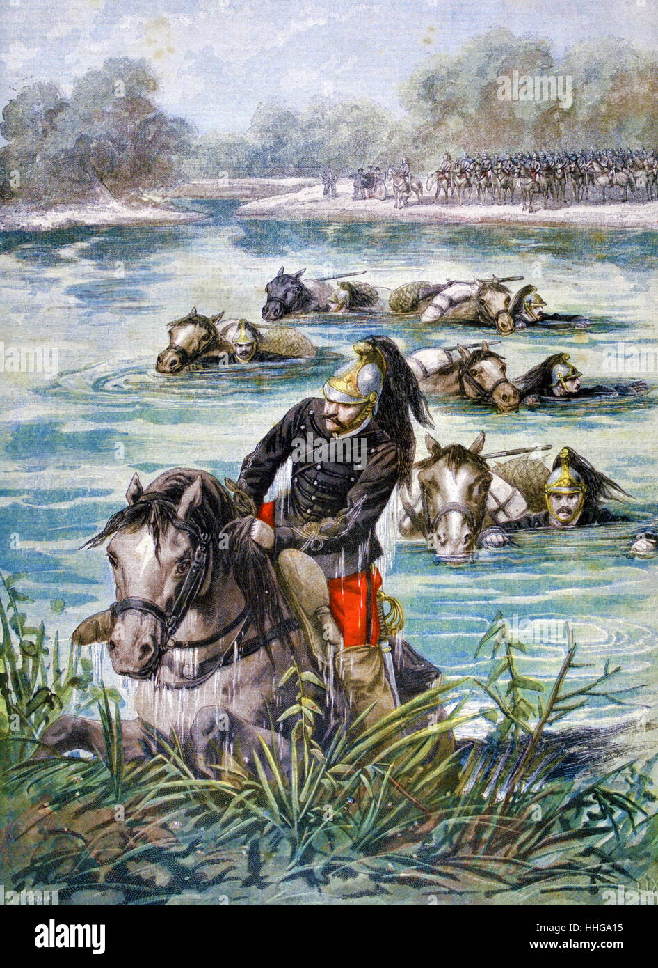 French army cavalry and troops pass through a river during manoeuvres in 1896 Stock Photo