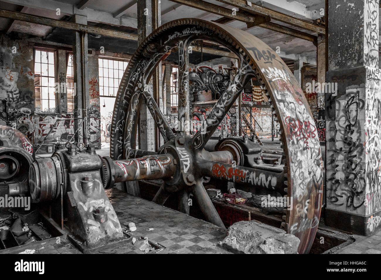 old industrial machinery in abandoned factory Stock Photo
