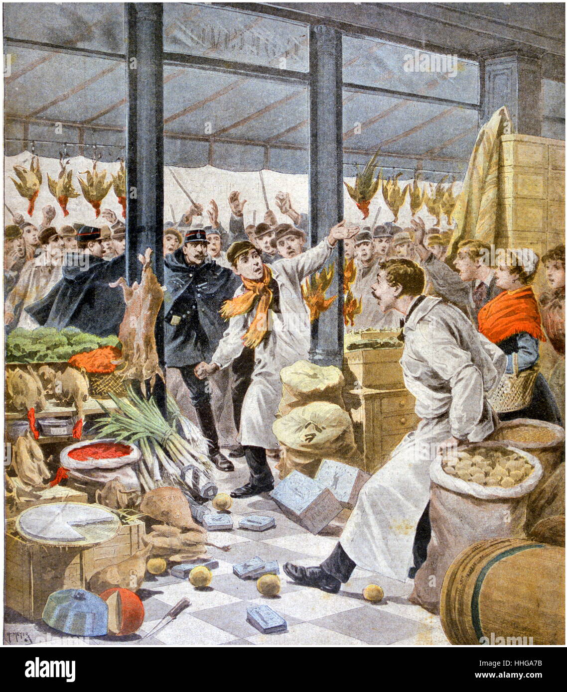 Grocers on strike as police hold back crowds in Paris, France 1899 Stock Photo