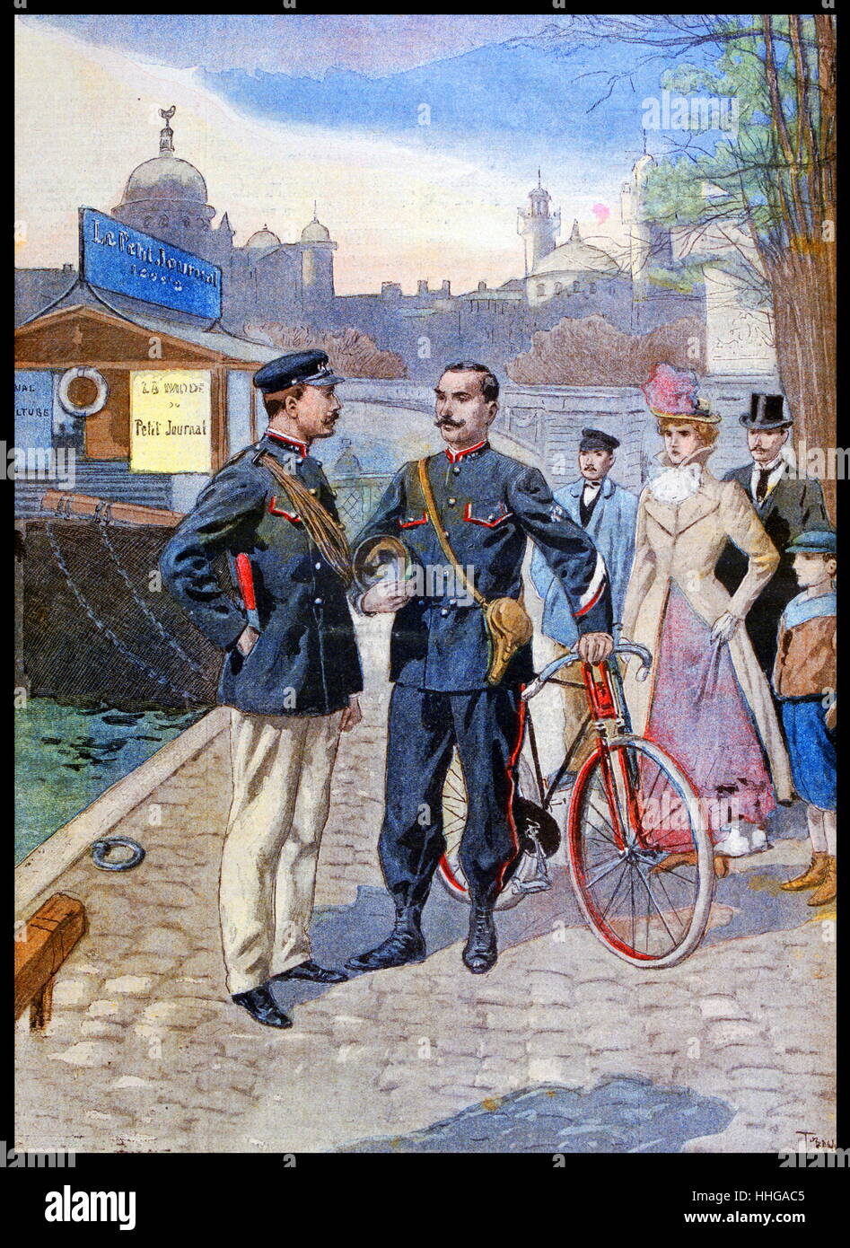Illustration showing the French river police and mounted bicycle policeman at the time of the Exposition Universelle of 1900. This was a fair held in Paris, France, from 14 April to 12 November 1900, to celebrate the achievements of the past century and to accelerate development into the next. Stock Photo