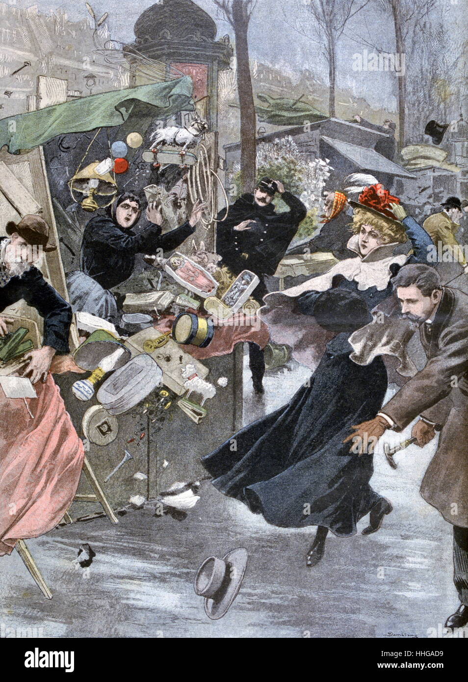 Illustration showing a Paris street scene during windy weather 1900