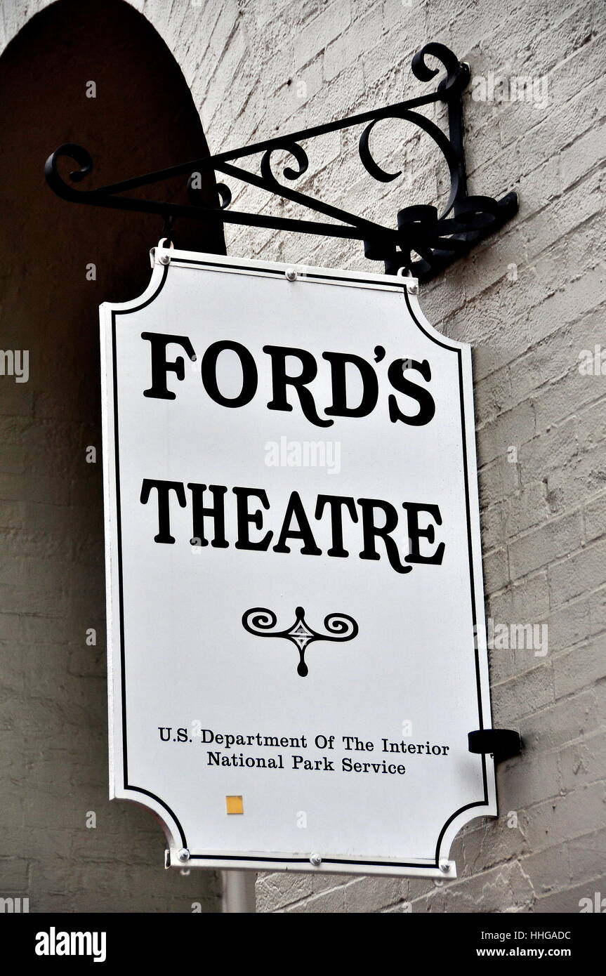 Washington, DC:  Sign outside historic Ford's Theatre where Abraham Lincoln was assassinated on April 14, 1865  * Stock Photo