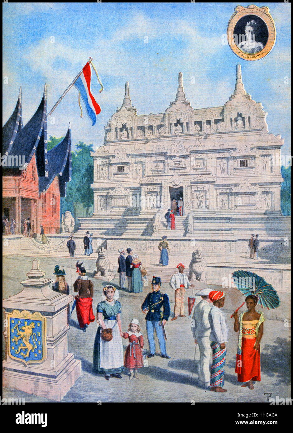 Illustration showing the Dutch East Indies (Indonesia), Pavilion, at the Exposition Universelle of 1900. A portrait of Queen Wilhelmina is inset. This was a fair held in Paris, France, from 14 April to 12 November 1900, to celebrate the achievements of the past century and to accelerate development into the next. Stock Photo