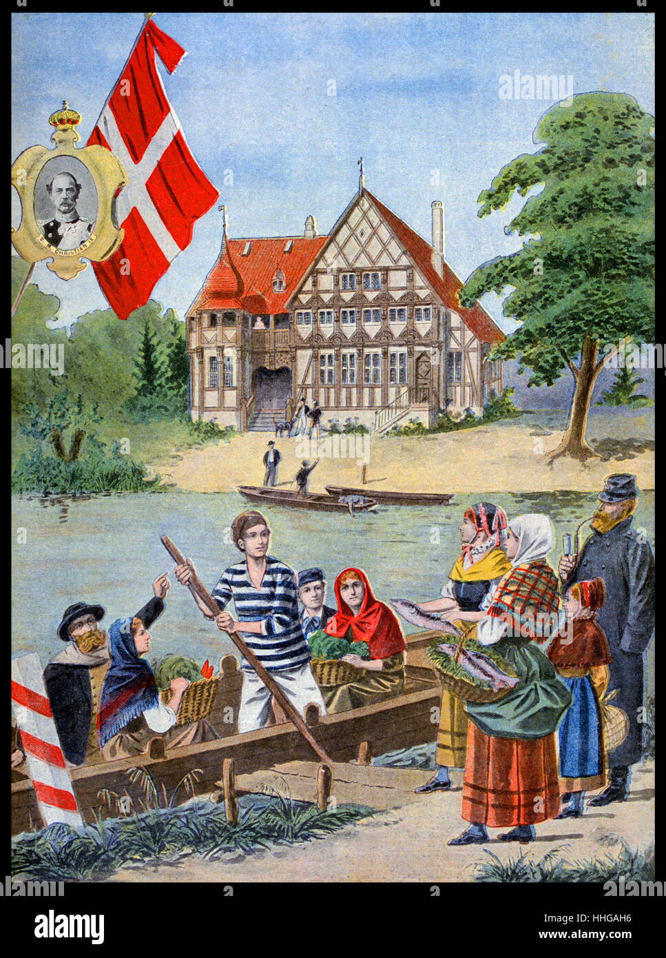 Illustration showing the Danish Pavilion, at the Exposition Universelle of 1900. Inset is a portrait of King Christian IX of Denmark. This was a fair held in Paris, France, from 14 April to 12 November 1900, to celebrate the achievements of the past century and to accelerate development into the next. Stock Photo