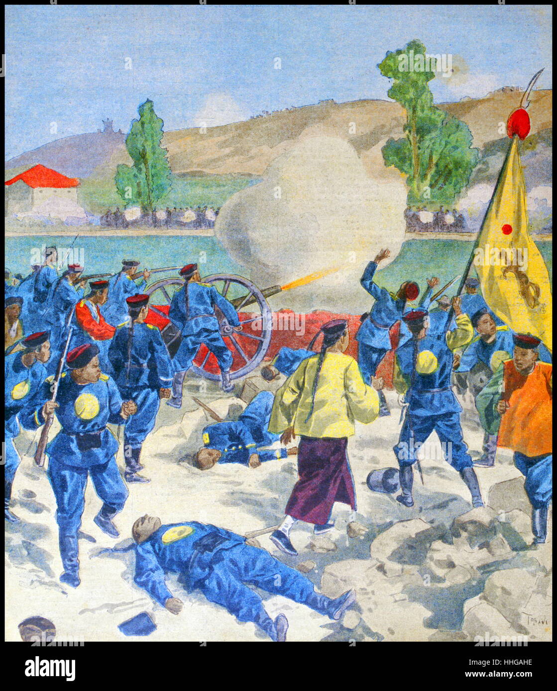 Boxer rebels with flag in action during a battle in the Boxer Uprising or Yihequan Movement. This was a violent anti-foreign and anti-Christian uprising that took place in China between 1899 and