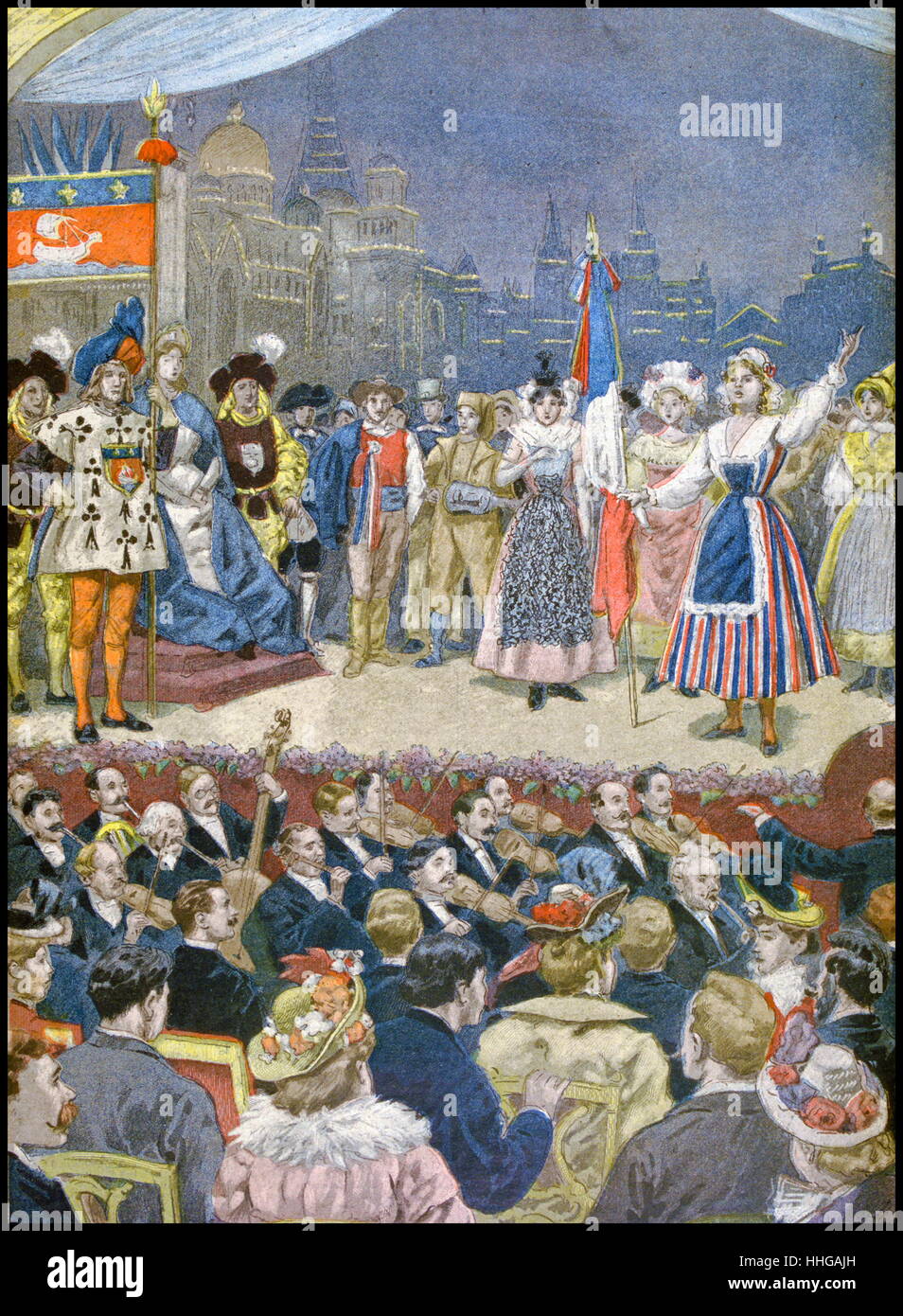 Illustration showing a theatrical performance at the Exposition Universelle of 1900. This was a fair held in Paris, France, from 14 April to 12 November 1900, to celebrate the achievements of the past century and to accelerate development into the next. Stock Photo