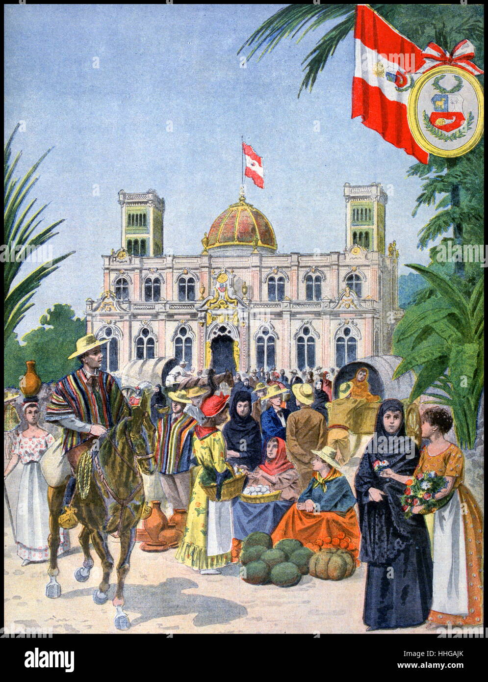 Illustration showing the Peruvian Pavilion, at the Exposition Universelle of 1900. The inset photograph shows King Leopold. This was a fair held in Paris, France, from 14 April to 12 November 1900, to celebrate the achievements of the past century and to accelerate development into the next. Stock Photo