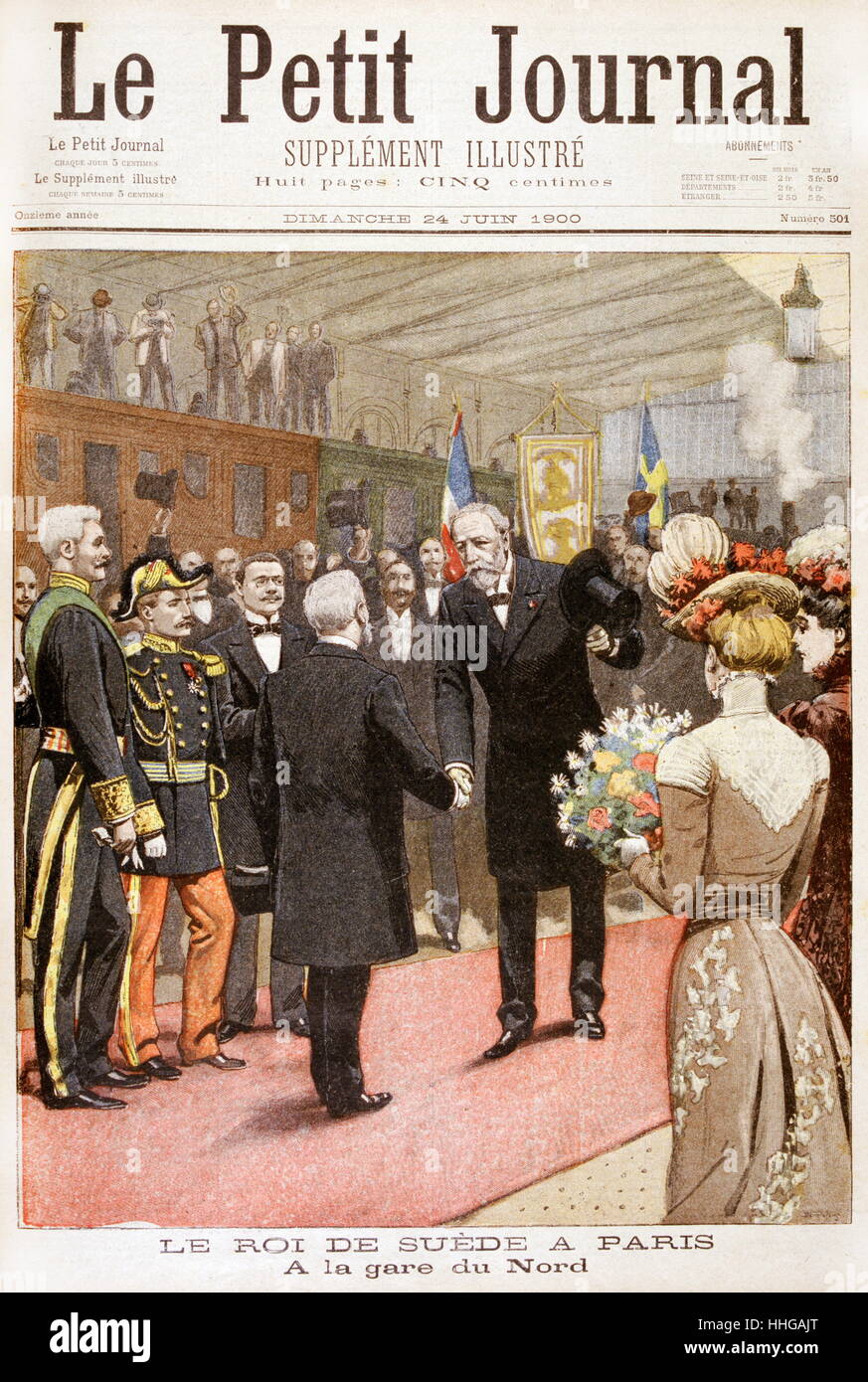Oscar II, King of Sweden visits France. 1900, King Oscar of Sweden (right) arriving in Paris to visit the Universal Exposition. He is greeted at the Gare du Nord, by President Loubet Stock Photo