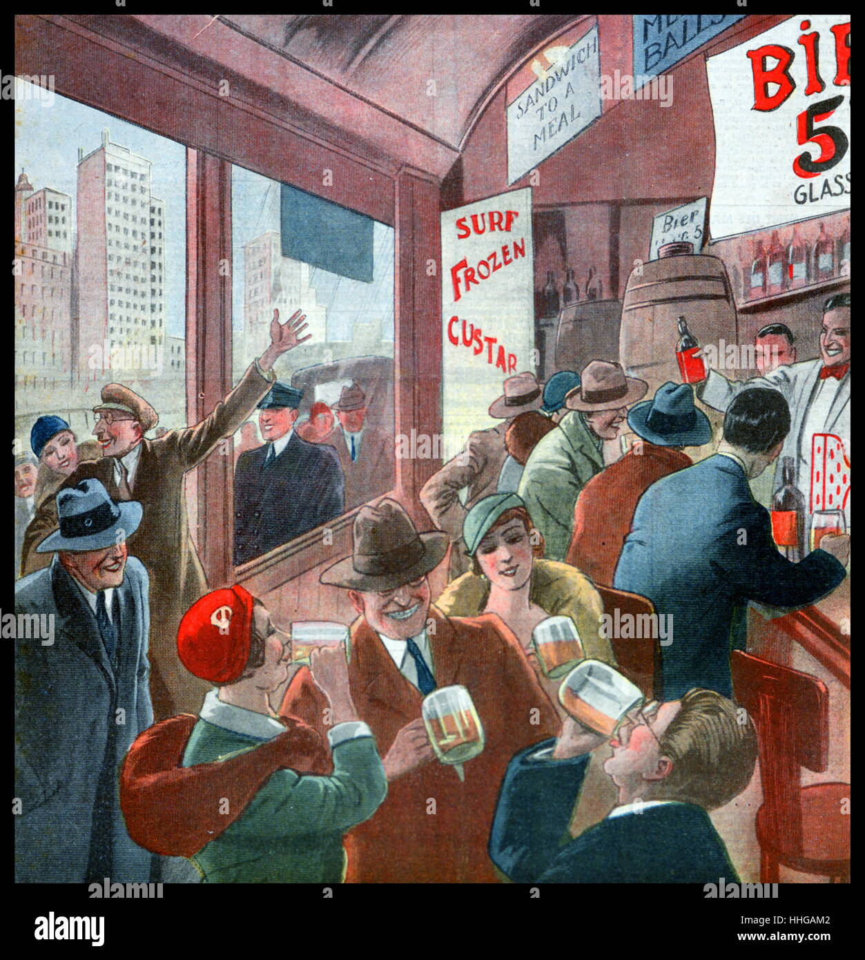 French magazine illustration, showing the end of prohibition in the USA, with people celebrating by drinking in a bar. Stock Photo