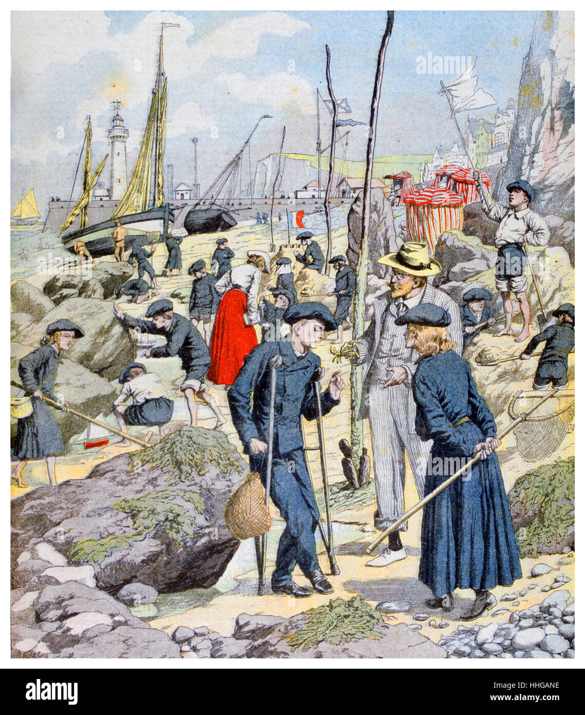 French Illustration showing children at the coast during school holidays. 1903 Stock Photo