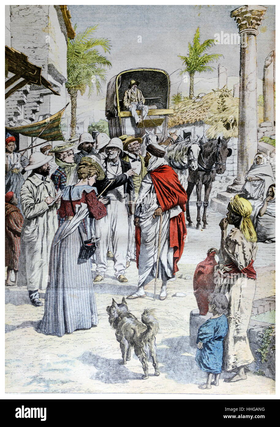 French Illustration showing a caravan of French administrative staff arriving at a town in the French colony of Algiers1901 Stock Photo