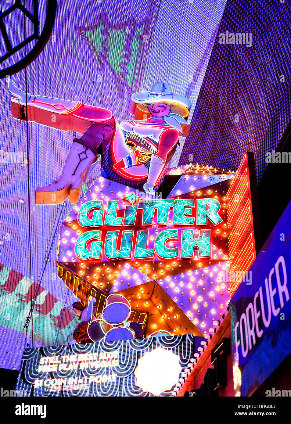 Glitter Gulch sign in the Fremont district, Las Vegas Nevada Stock Photo