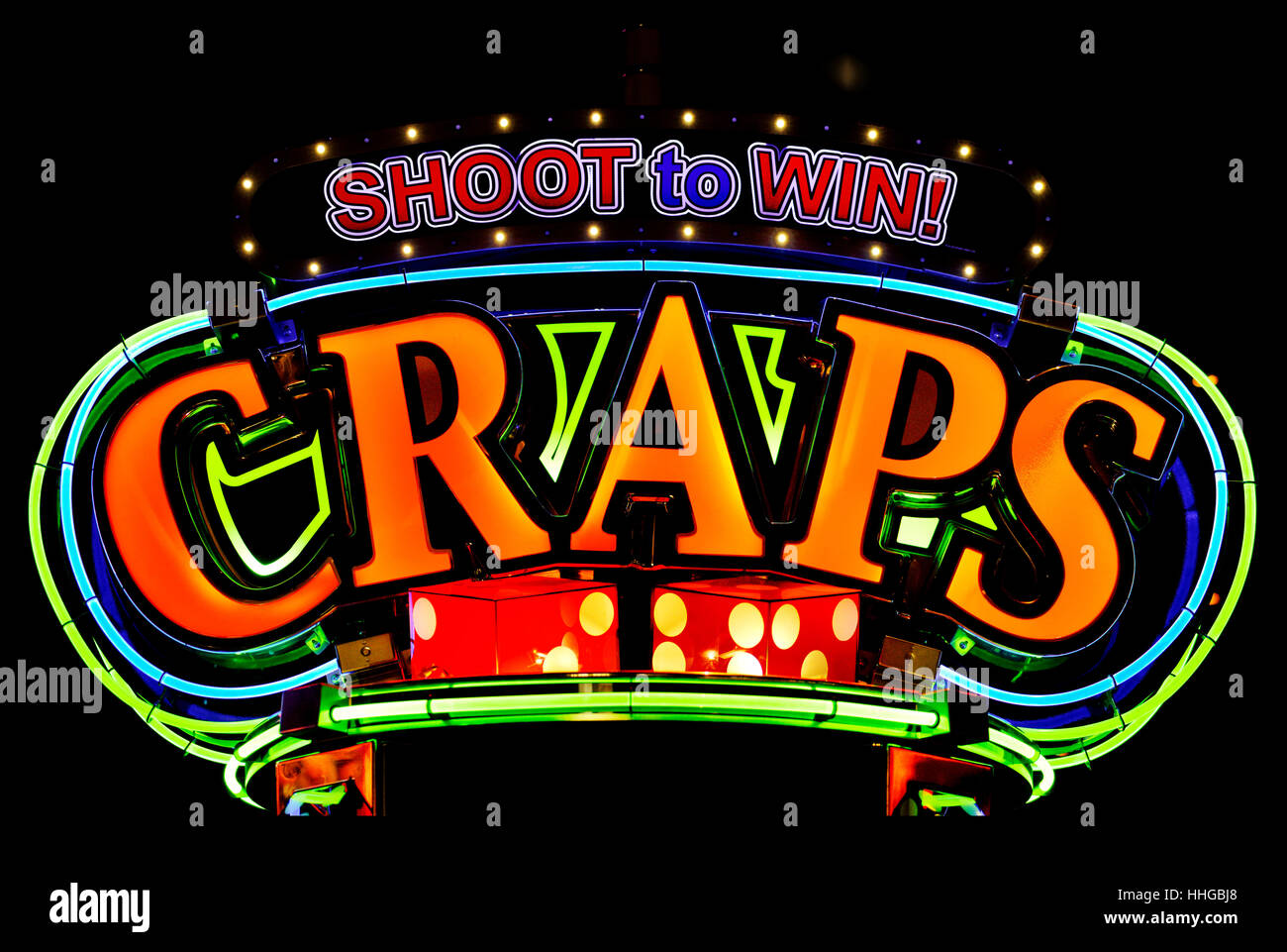 Shoot to Win Electronic Craps Game Neon Sign Stock Photo