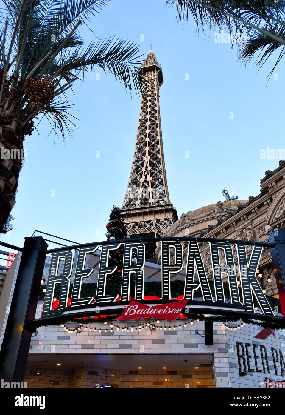 Beer Park and the Eiffel Tower in the Paris section of the Las Vegas Strip. Stock Photo