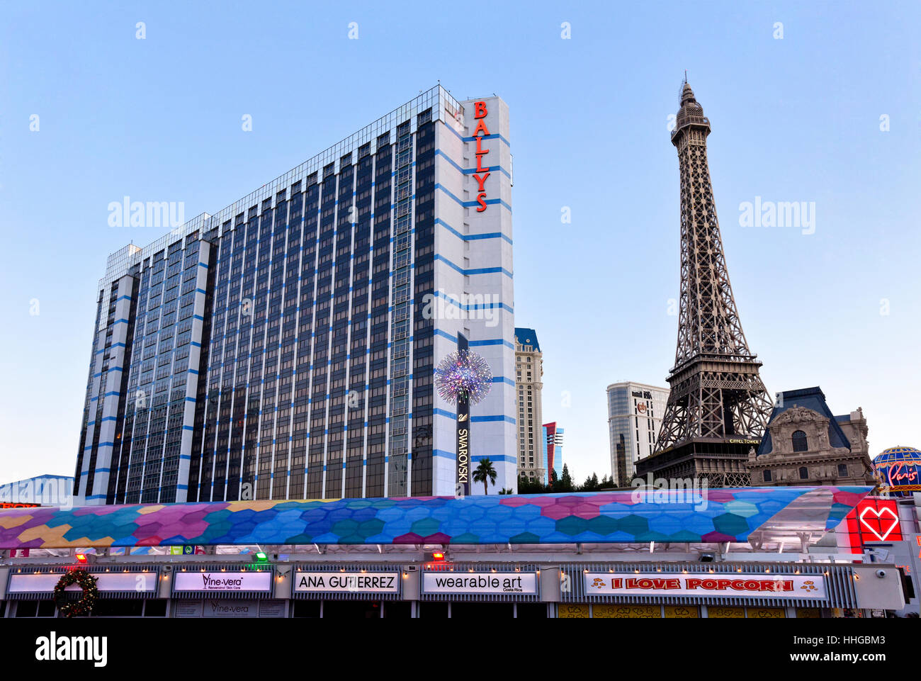 Bally's Hotel & Casino and the Eiffel Tower in the Paris section of the Las Vegas Strip. Stock Photo