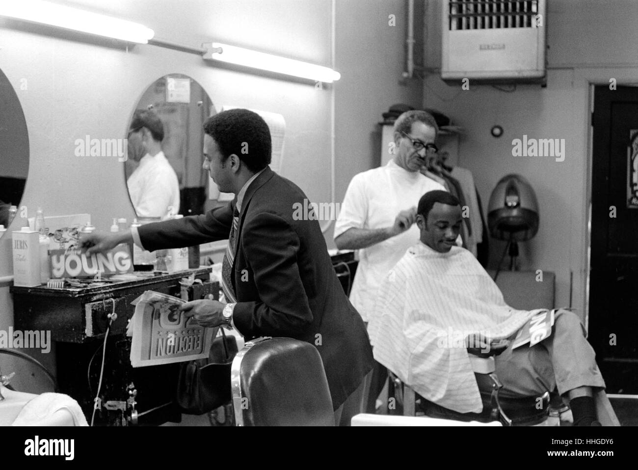 Andrew J. Young - who would later become mayor of Atlanta and U.S. Ambassador to the United Nations - stumps for votes at an Atlanta barber shop during his bid for Congress in 1970 from Georgia's 5th Congressional district. Andrew Jackson Young, born March 12, 1932, is an American politician, diplomat, activist and pastor from Georgia. He has served as a Congressman from Georgia's 5th congressional district, the United States Ambassador to the United Nations, and Mayor of Atlanta. Stock Photo