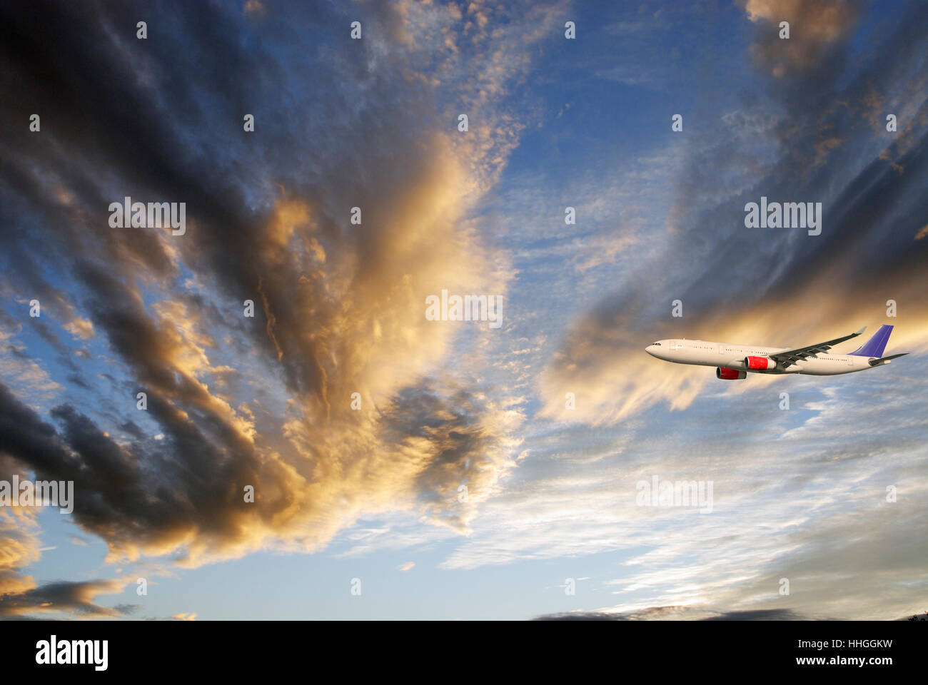 sunset, clouds, aircraft, aeroplane, plane, airplane, fly, flies, flys, flying, Stock Photo