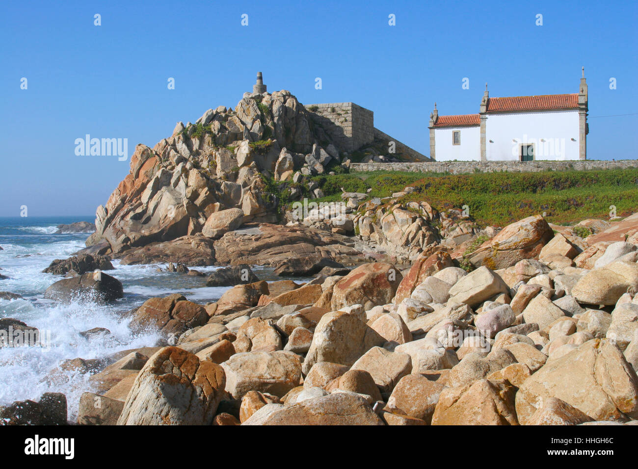 Chapel and historical lighthouse in Leca de Palmeira, Porto, Portugal Stock Photo