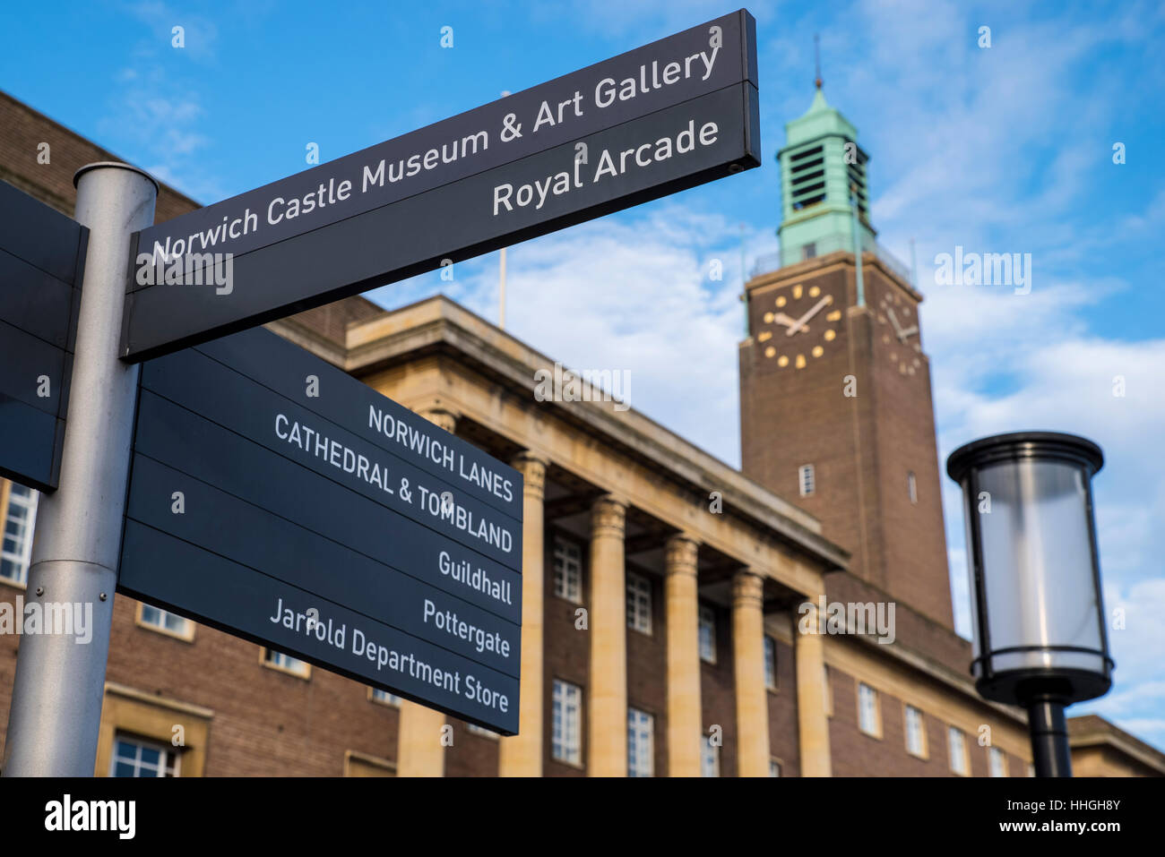 Directional sign in the historic city of Norwich pointing towards the