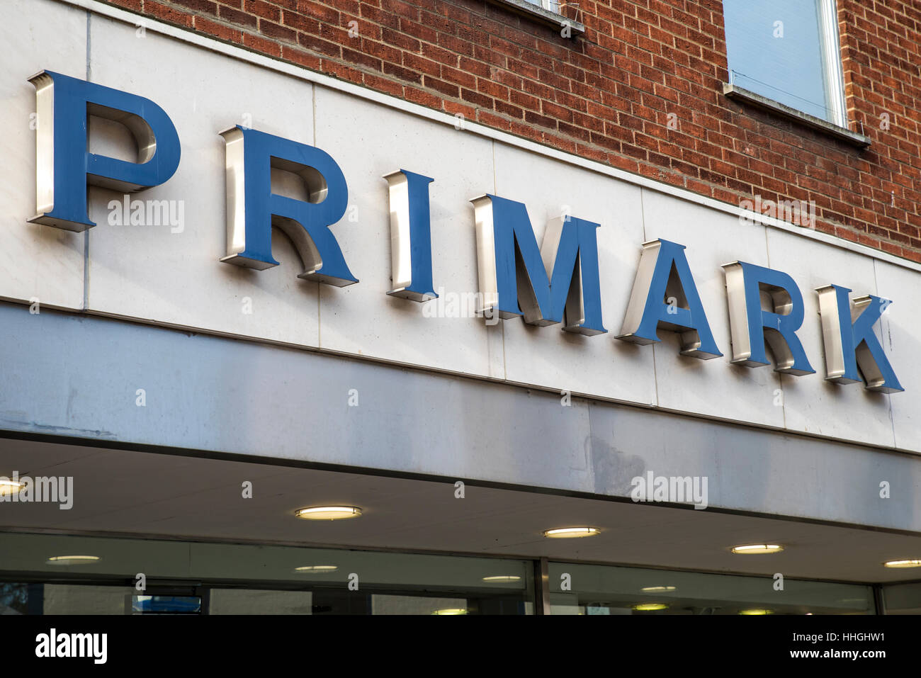 NORWICH, UK - JANUARY 17TH 2017: The Primark logo on the exterior of their store in Norwich city centre, on 17th January 2017. Stock Photo