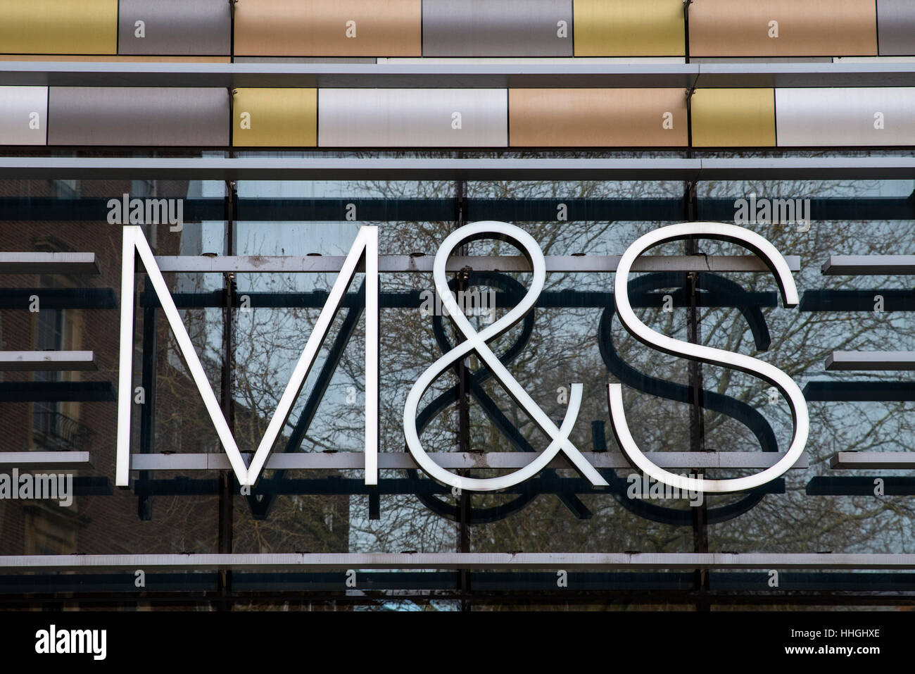 NORWICH, UK - JANUARY 17TH 2017: The M&S logo above the entrance to the Marks and Spencer store in Norwich city centre. Stock Photo