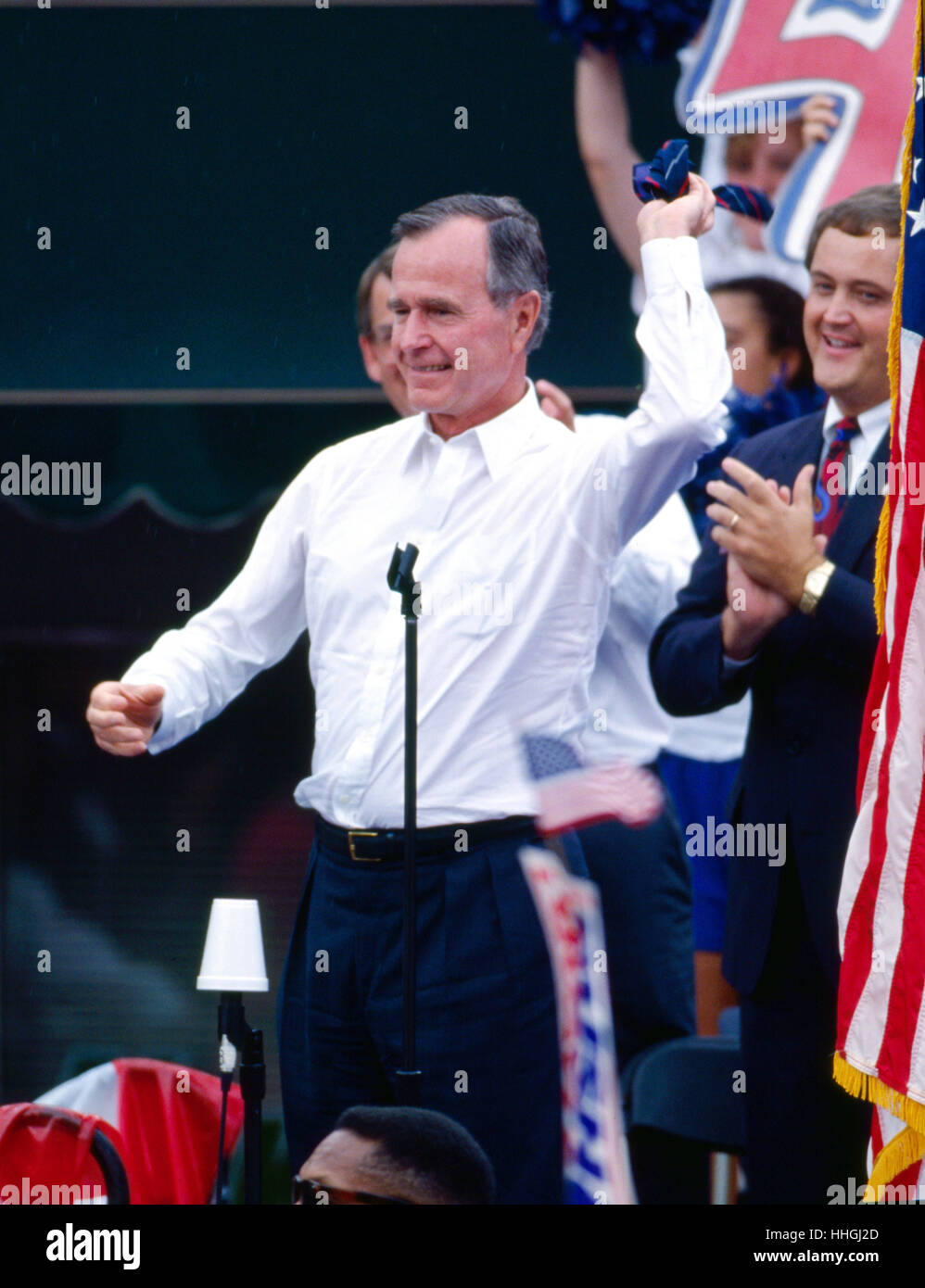 A rain-soaked President George H.W. Bush campaigns for a second four year term as President of the United States in Woodstock, Georgia.  Bush was unsuccessful in his bid, losing to Bill Clinton. Stock Photo