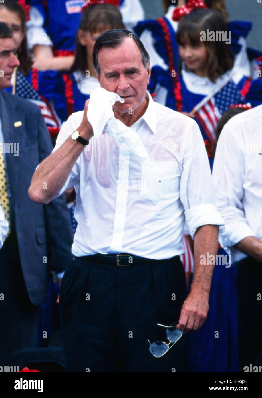 A rain-soaked President George H.W. Bush campaigns for a second four year term as President of the United States in Woodstock, Georgia.  Bush was unsuccessful in his bid, losing to Bill Clinton. Stock Photo