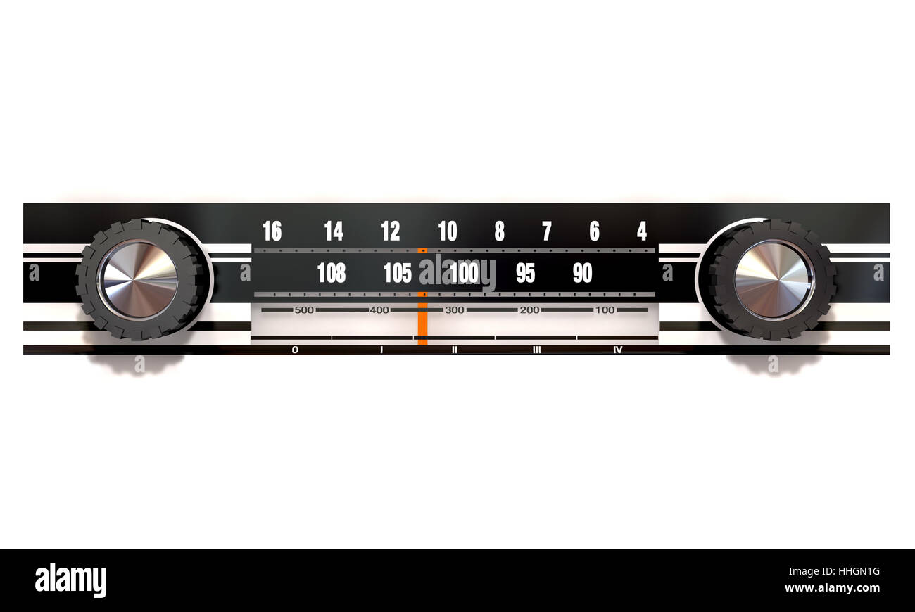 A vintage radio face with tuning knobs and frequency indicator on an
