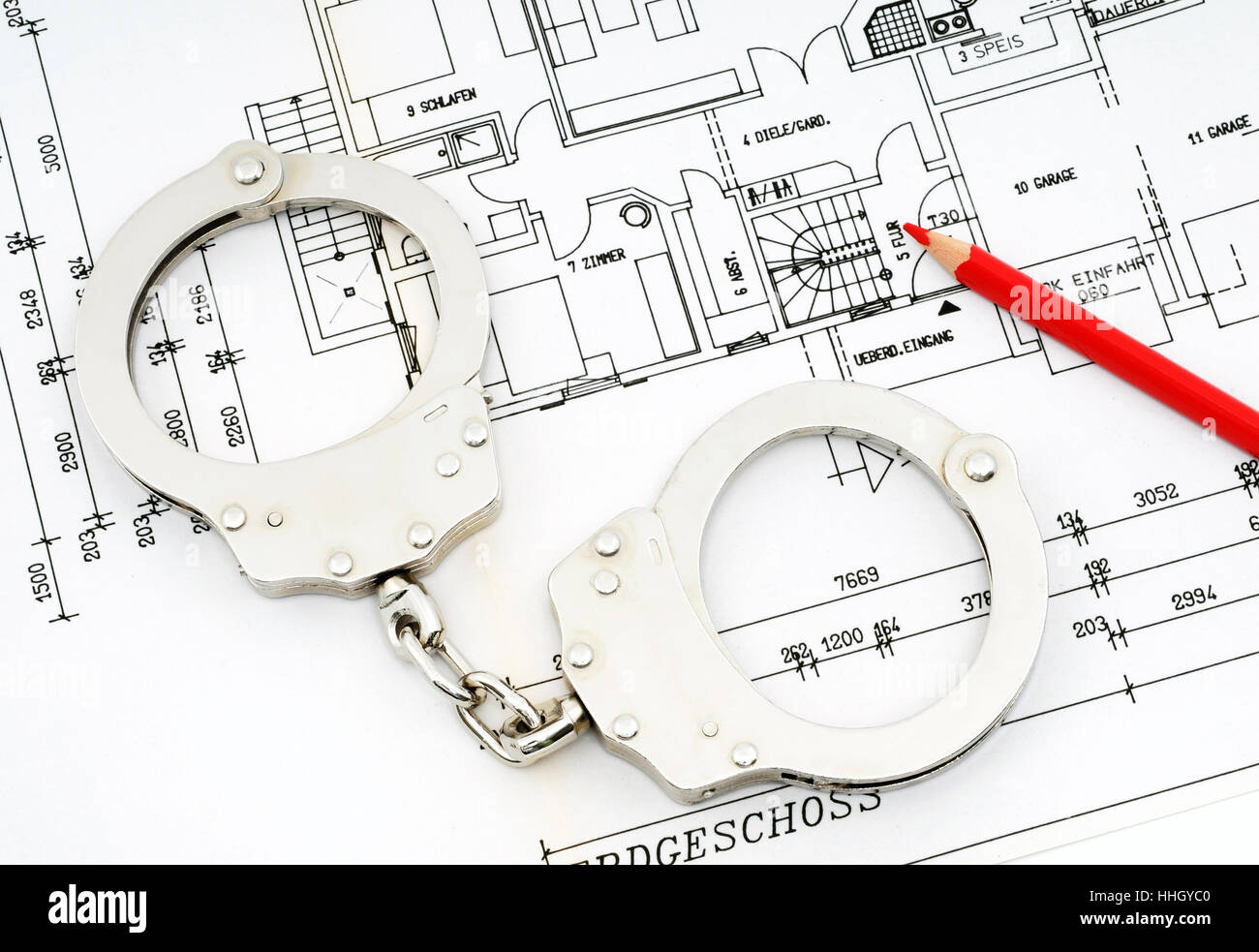 Save Handcuffs Construction Plan Red Pencil Construction Stock