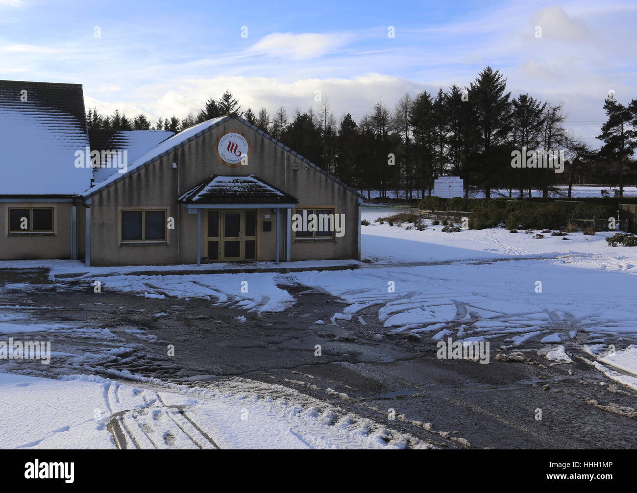 Exterior of Birkhill and Muirhead Millennium Hall in winter Angus
