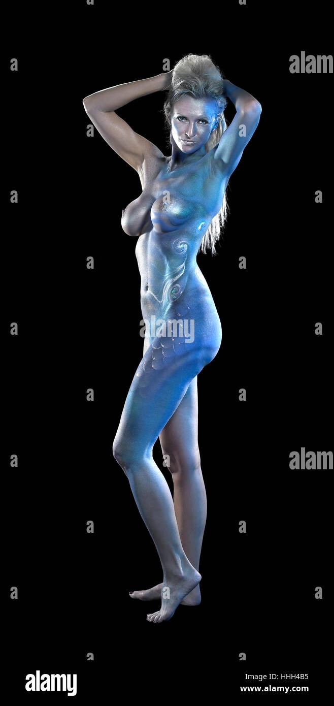 mystic mermaid theme showing a blue  bodypainted woman posing in black back Stock Photo
