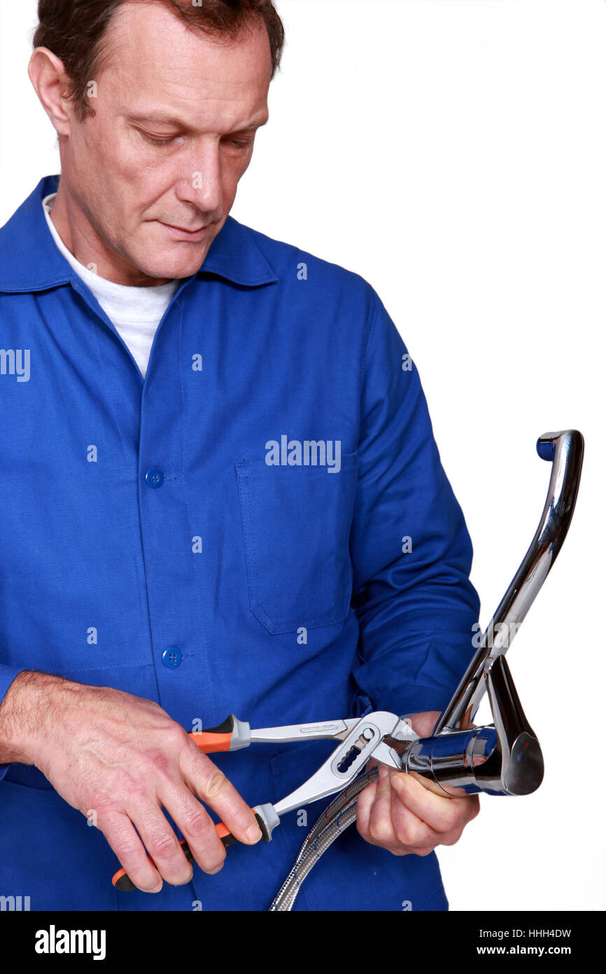 male, masculine, fit, fitting, plumber, fixing, plumbing, man, tap, blue, Stock Photo