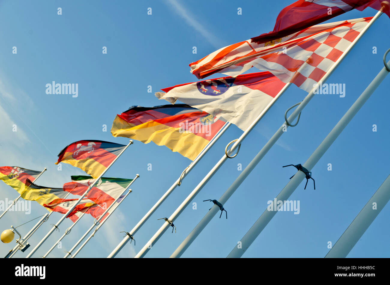 diagonal, flag, flags, flagstaff, germany, german federal republic, many, blue, Stock Photo