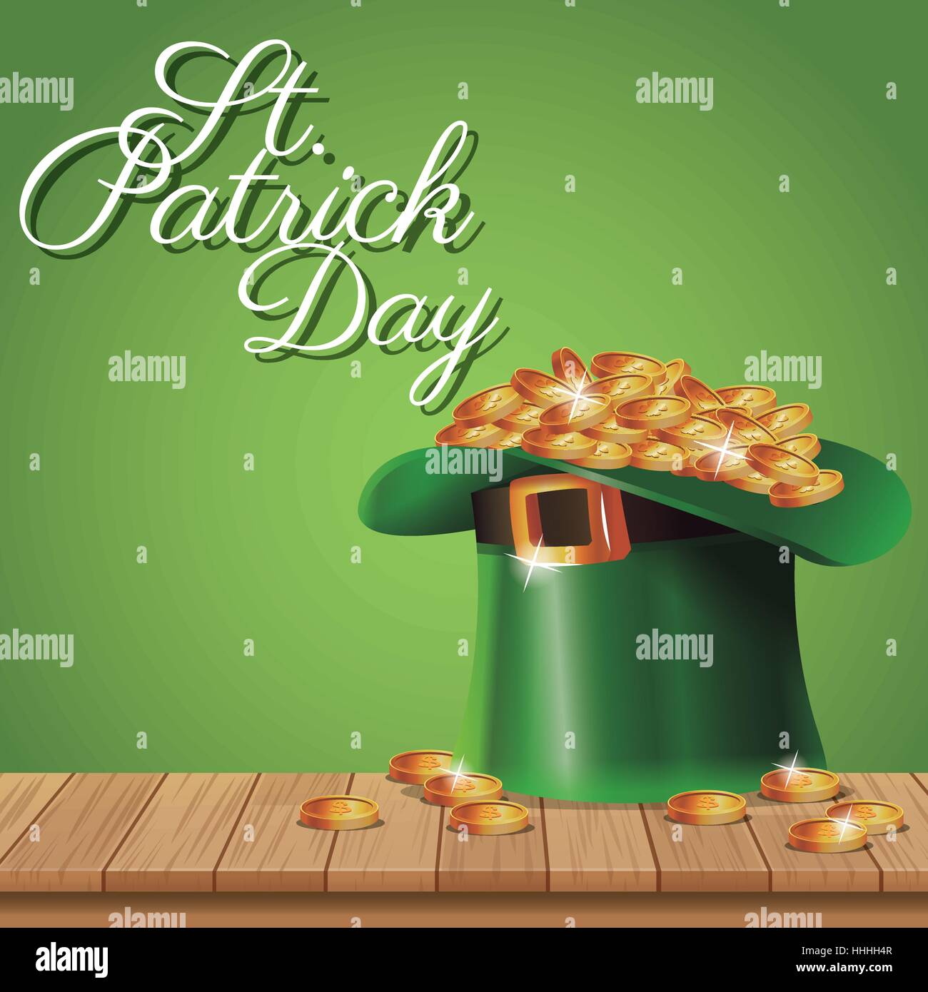 poster st patrick day leprechaun hat coins on wooden green background Stock Vector